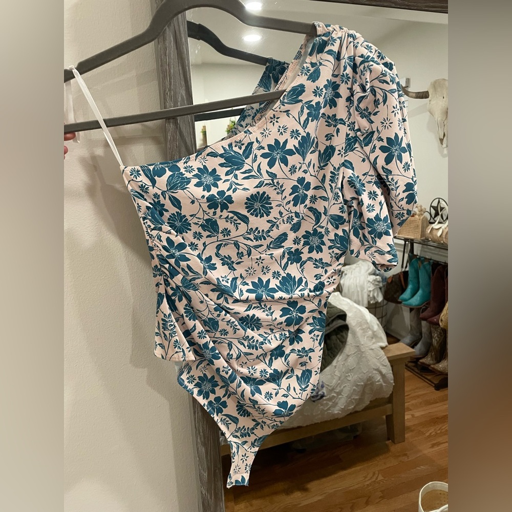 Free People Blue Floral Puff Sleeve One-Shoulder Body Suit